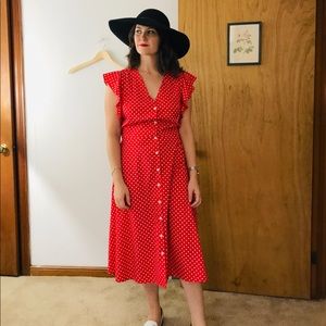 Vintage Style Red Polka Dot Flutter Sleeve Dress